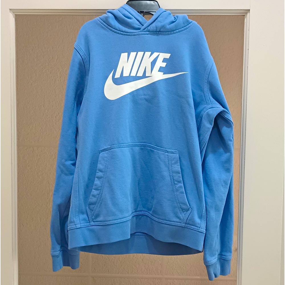 Nike Unisex Kids L Blue Pullover Hoodie Cotton Fleece Logo Pocket